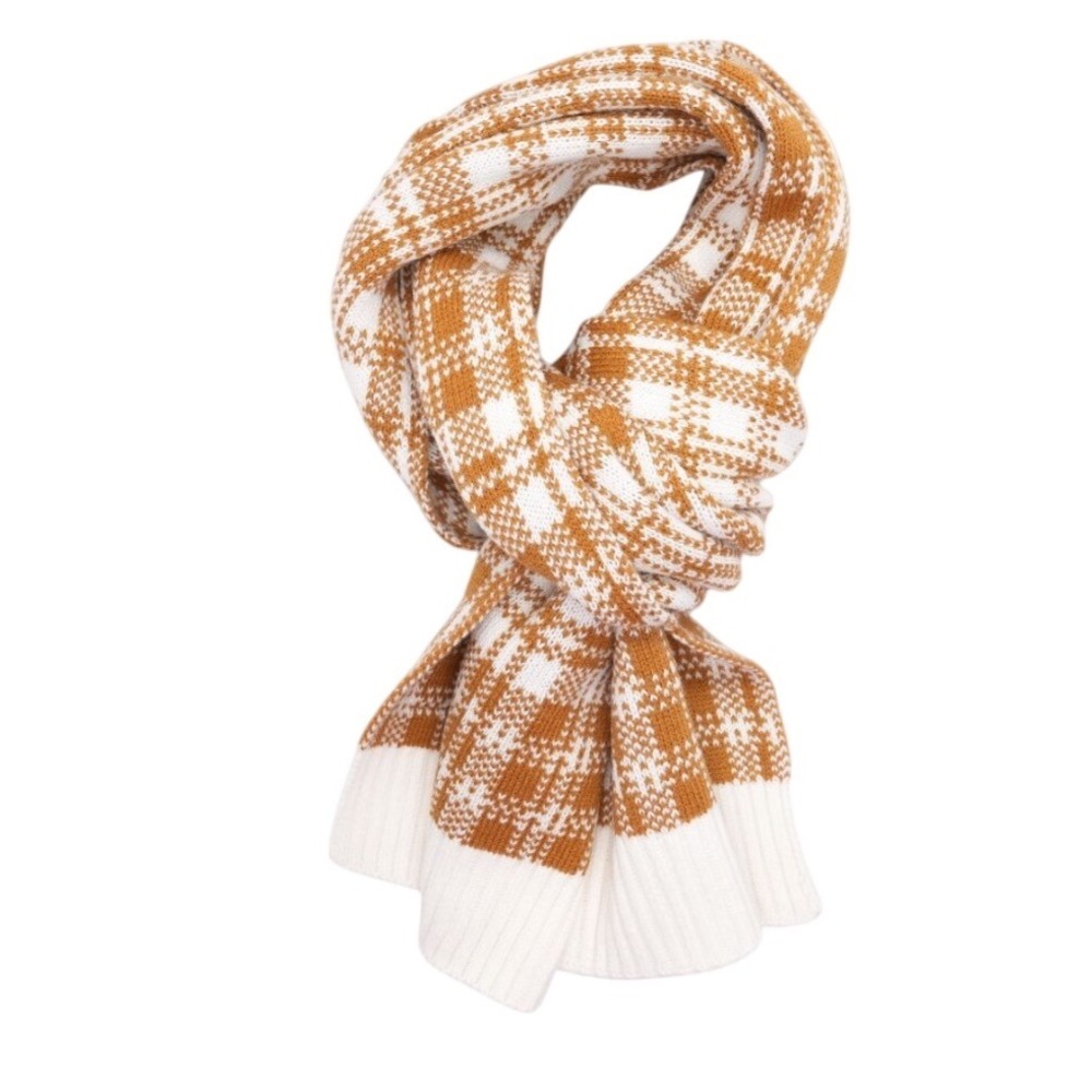 Timberland Plaid Knit Scarf Womens OS Wheat White Ribbed Logo‎ Patch NWT